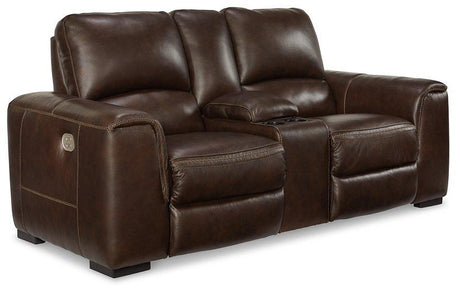 Ashley Furniture Alessandro Power Reclining Loveseat with Console, showing plush fabric, reclining feature, and built-in center console.