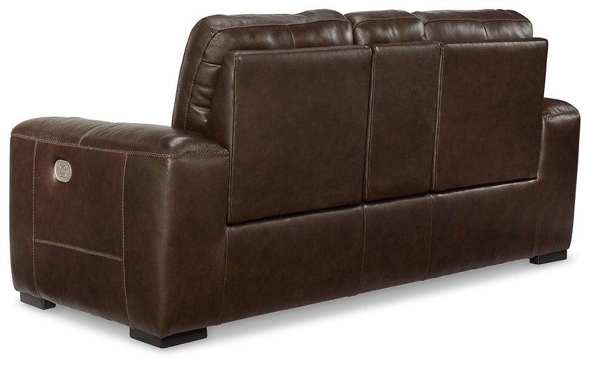 Ashley Furniture Alessandro Power Reclining Loveseat with Console, showing plush fabric, built-in console, and reclining features.