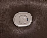 Ashley Furniture Alessandro power reclining loveseat with console, featuring plush fabric, padded armrests, and built-in cup holders.