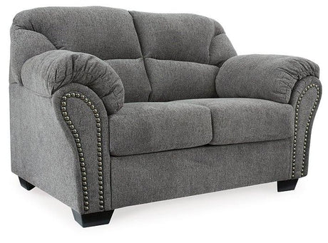 Ashley Furniture Allmaxx loveseat with plush beige upholstery and cushioned backrest, perfect for cozy living room seating.