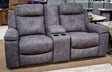 Ashley Furniture Brysonview reclining loveseat with console, featuring plush fabric, padded armrests, and built-in cup holders.