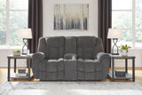Ashley Furniture Foreside reclining loveseat with console, featuring plush upholstery and built-in cup holders for comfortable seating.