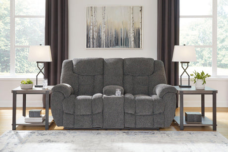 Ashley Furniture Foreside reclining loveseat with console, featuring plush upholstery and built-in cup holders for comfortable seating.