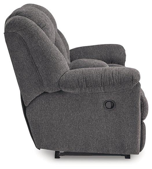 Ashley Furniture Foreside Reclining Loveseat with Console, showing plush fabric, reclining seats, and built-in center console.