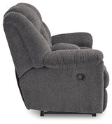 Ashley Furniture Foreside Reclining Loveseat with Console, showing plush fabric, reclining seats, and built-in center console.