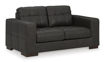 Ashley Furniture Luigi loveseat in neutral fabric with plush cushions and wooden legs, perfect for cozy living rooms.