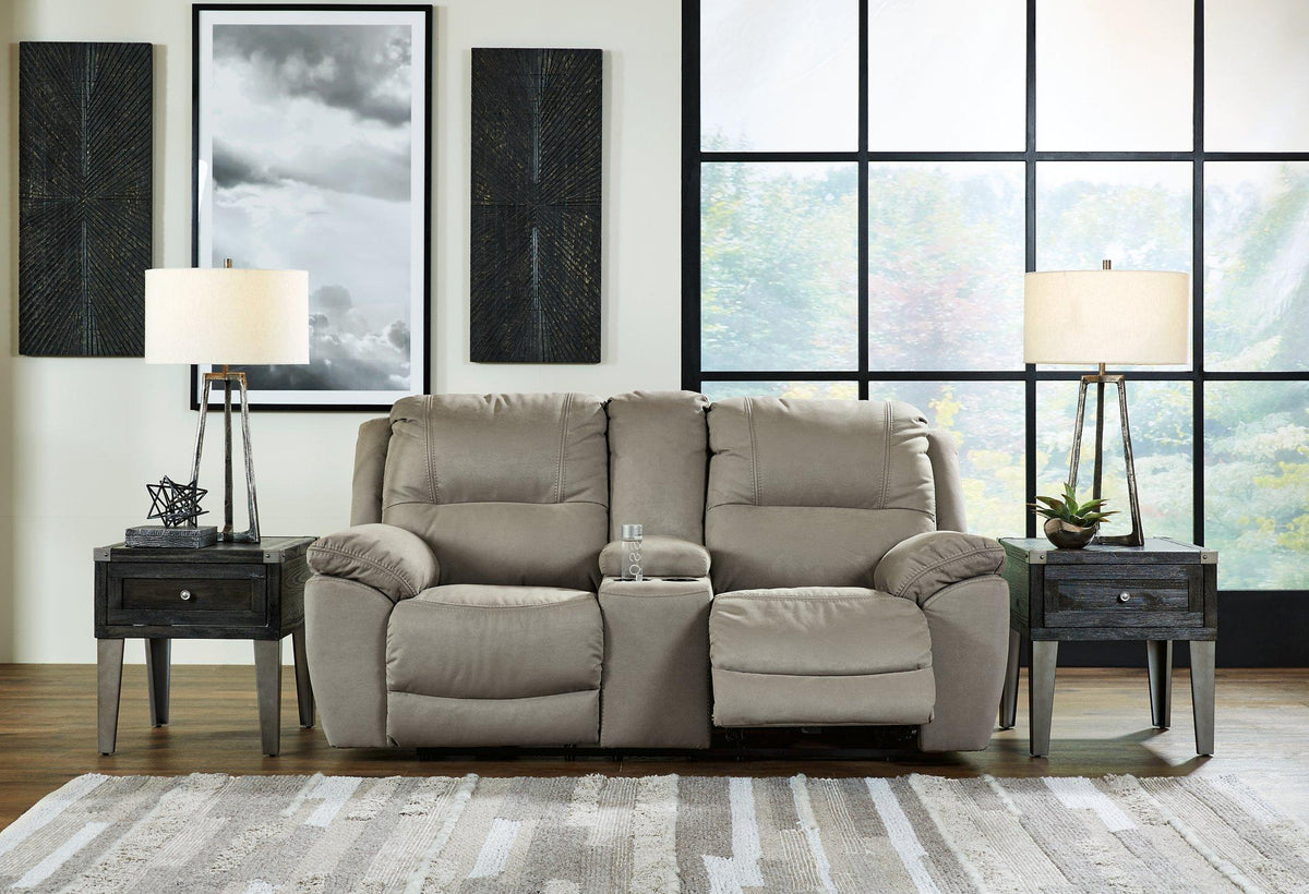 Ashley Furniture Next-Gen Gaucho Power Reclining Loveseat with Console, featuring plush cushions and built-in cup holders.