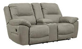 Ashley Furniture Next-Gen Gaucho Reclining Loveseat with Console, plush fabric, and padded armrests for ultimate comfort.