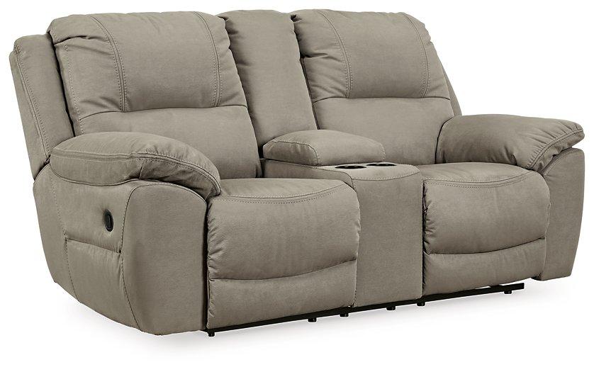 Ashley Furniture Next-Gen Gaucho Reclining Loveseat with Console, showing plush fabric, built-in cupholders, and reclined seating.