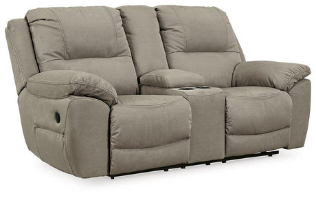 Ashley Furniture Next-Gen Gaucho Reclining Loveseat with Console, showing plush fabric, built-in cupholders, and reclined seating.