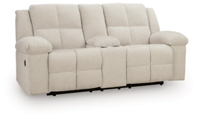 Ashley Furniture Orlen reclining loveseat with console, featuring plush fabric, padded armrests, and built-in cup holders.
