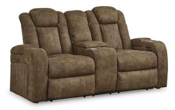 Ashley Furniture Wolfridge power reclining loveseat with plush fabric and padded armrests, designed for comfortable lounging.