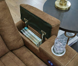 Ashley Furniture Wolfridge power reclining loveseat with plush fabric, cushioned armrests, and built-in recline mechanism.
