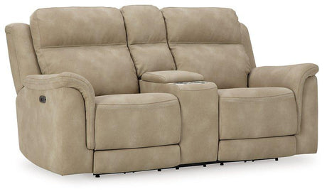 Ashley Furniture Next-Gen DuraPella power reclining loveseat with built-in console, featuring plush cushions and armrests.