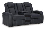 Ashley Furniture Fyne-Dyme power reclining loveseat with built-in console, plush fabric and padded armrests for comfort.