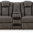Ashley Furniture Fyne-Dyme Power Reclining Loveseat with Console, shown from the head-on angle with plush cushions and built-in cup holders.