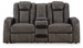 Ashley Furniture Fyne-Dyme Power Reclining Loveseat with Console, shown from the head-on angle with plush cushions and built-in cup holders.