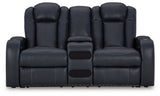 Ashley Furniture Fyne-Dyme power reclining loveseat with console, showcasing plush fabric, built-in cup holders, and reclining features.