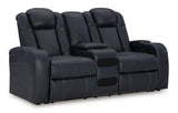 Ashley Furniture Fyne-Dyme power reclining loveseat with console, featuring plush upholstery and built-in cup holders, shown from an angle.