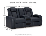 Ashley Furniture Fyne-Dyme power reclining loveseat with built-in console, plush fabric, and cushioned armrests, ideal for comfortable living rooms.