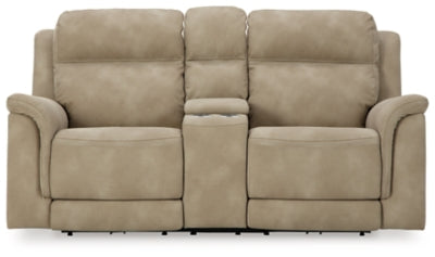 Ashley Furniture Next-Gen DuraPella power reclining loveseat with console, featuring plush upholstery and built-in cup holders.