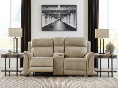 Ashley Furniture Next-Gen DuraPella power reclining loveseat with console, featuring plush fabric and built-in cup holders.