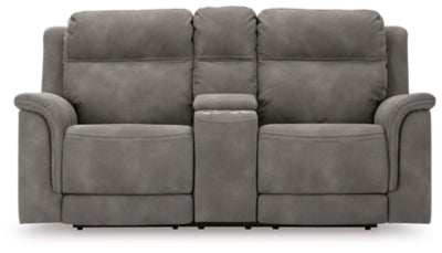 Ashley Furniture Next-Gen DuraPella power reclining loveseat with console, showing plush upholstery and built-in cup holders.