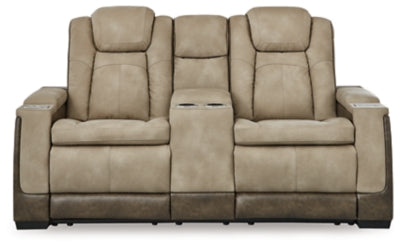 Ashley Furniture Next-Gen DuraPella power reclining loveseat with console, showing plush upholstery and built-in cup holders.