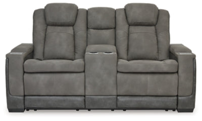 Ashley Furniture Next-Gen DuraPella power reclining loveseat with console, featuring plush upholstery and built-in cup holders.