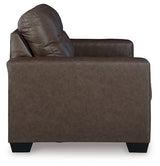 Ashley Furniture Barlin Mills loveseat with plush fabric and cushioned armrests, shown from a side angle.