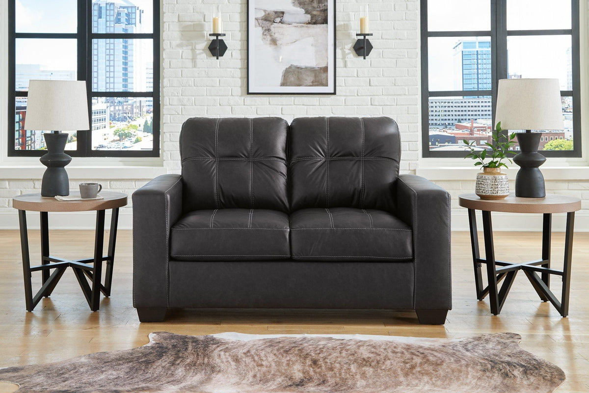 Ashley Furniture Barlin Mills loveseat with plush fabric and cushioned armrests, showcasing a stylish, contemporary design.