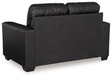 Ashley Furniture Barlin Mills Loveseat with plush fabric, cushioned arms, and stylish wooden legs for a modern living room look.