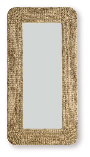 Ashley Furniture Norigan floor mirror with a sleek, tall rectangular design and a modern frame, standing upright in a well-lit room.