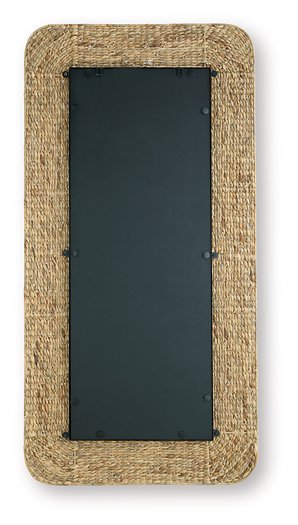Ashley Furniture Norigan floor mirror with a sleek rectangular frame, standing upright in a modern room setting.
