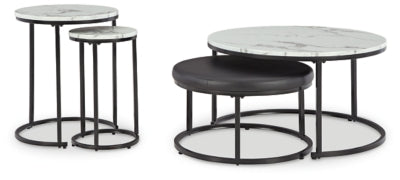 Set of four Ashley Furniture Jusmour nesting tables with sleek wooden tops and tapered legs, arranged together in a modern living space.