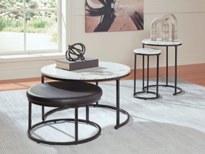 Set of four Ashley Furniture Jusmour nesting tables with sleek wooden tops and metal frames, stacked together for a modern look.