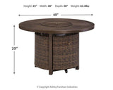 Ashley Furniture Shoreside Fire Pit Table, outdoor cocktail table with fire pit feature, made of durable materials for outdoor use
