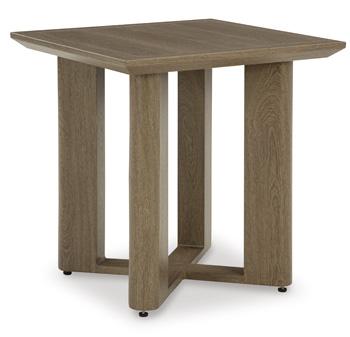 Ashley Furniture Serene Bay outdoor end table with a modern design and durable wood finish, perfect for patio or garden spaces.
