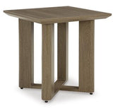 Ashley Furniture Serene Bay outdoor end table with a modern design and durable wood finish, perfect for patio or garden spaces.