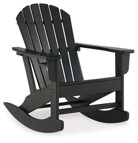 Outdoor rocking chair from Ashley Furniture, Sundown Treasure outdoor lounge chair with wooden frame and cushioned seat for relaxing outdoors.