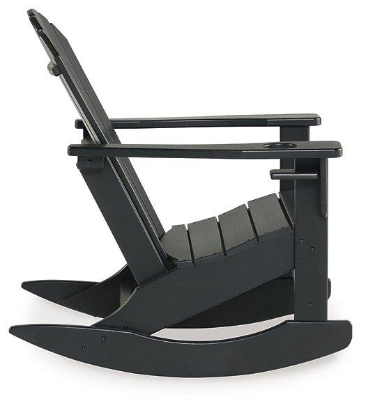 Ashley Furniture Sundown Treasure outdoor rocking chair with wooden frame and cushioned seat for comfortable outdoor lounging.