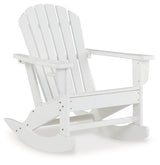 Outdoor rocking chair by Ashley Furniture, Sundown Treasure outdoor lounge chair with wooden frame and cushioned seat for relaxing outdoors.