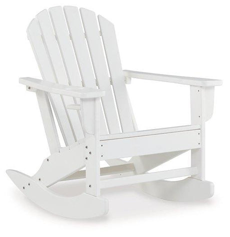 Outdoor rocking chair by Ashley Furniture, Sundown Treasure outdoor lounge chair with wooden frame and cushioned seat for relaxing outdoors.