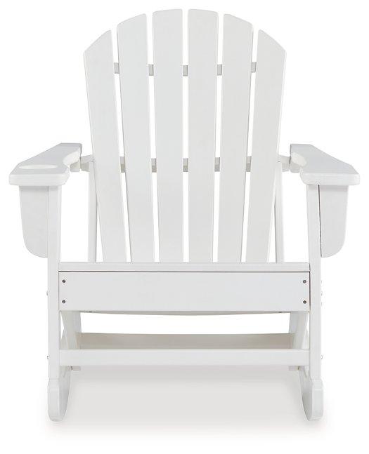 Ashley Furniture Sundown Treasure outdoor rocking chair with wooden frame and cushioned seat, perfect for relaxing outdoors.