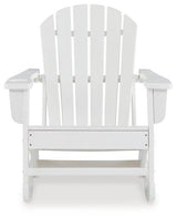 Ashley Furniture Sundown Treasure outdoor rocking chair with wooden frame and cushioned seat, perfect for relaxing outdoors.