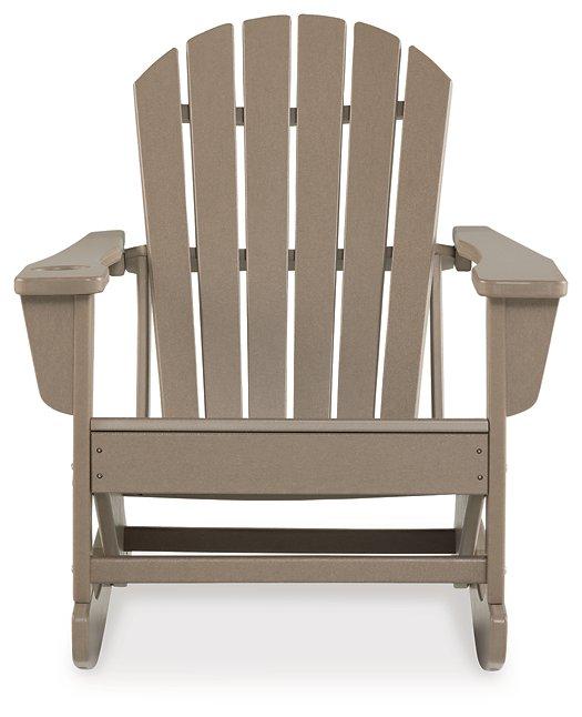 Ashley Furniture Sundown Treasure outdoor rocking chair with wooden frame and cushioned seat for comfortable outdoor lounging.