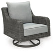 Outdoor swivel lounge chair with cushion by Ashley Furniture, featuring a stylish design for comfortable outdoor relaxation.