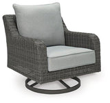 Outdoor swivel lounge chair with cushion by Ashley Furniture, featuring a stylish design for comfortable outdoor relaxation.