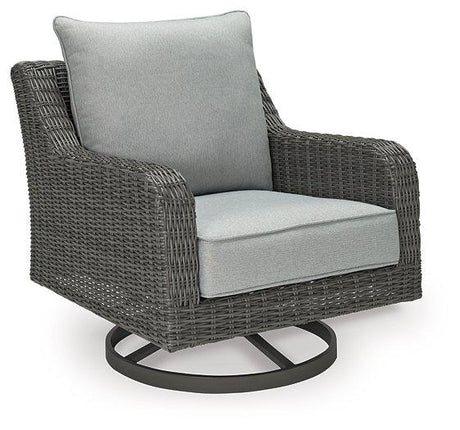 Outdoor swivel lounge chair with cushion by Ashley Furniture, featuring a stylish design for comfortable outdoor relaxation.