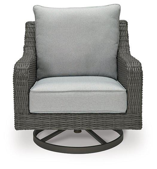 Outdoor swivel lounge chair with cushion from Ashley Furniture, featuring a stylish design for outdoor relaxation.